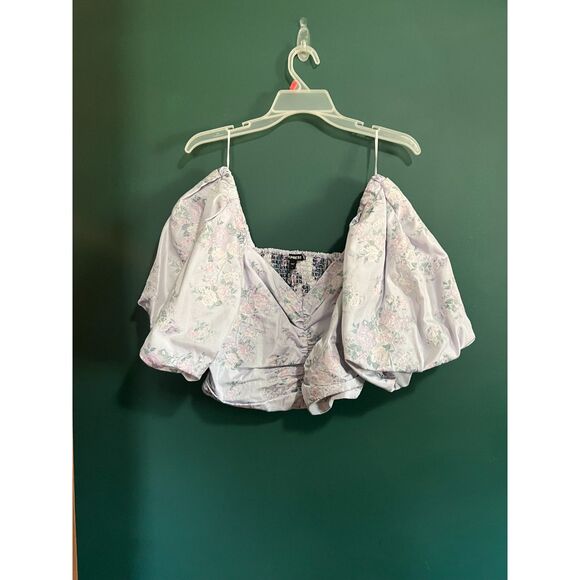 Express Floral Puff Sleeve Ruched Crop Top - Picture 4 of 4